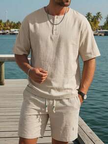 Bộ đồ nam 2 món chất liệu giả vải lanh, cổ Henley, tay ngắn, gồm quần short và áo polo thường ngày, chống nhăn, thoáng khí, thích hợp cho kỳ nghỉ hè ở bãi biển. - Màu be - Xem 2