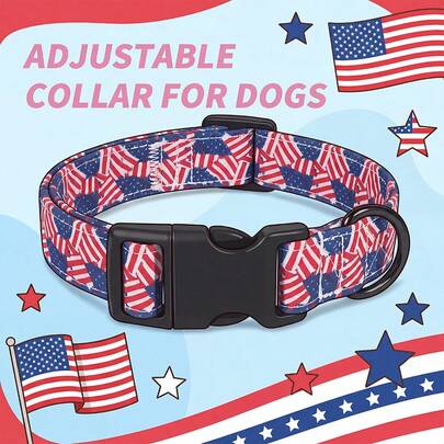 复古美国国旗印花狗项圈 - 做旧红白蓝图案 - 黑色D形环扣 - 高级涤纶宠物用品