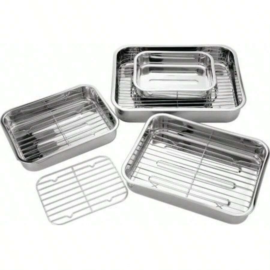 4PC STAINLESS STEEL ROASTING TRAYS OVEN PAN DISH BAKING ROASTER TRAY GRILL RACK - View 1