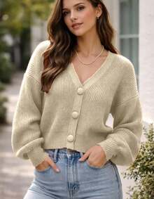 Women's Blouse/Cardigan/Sweater/Knitted Buttons/Winter - Beige - View 1