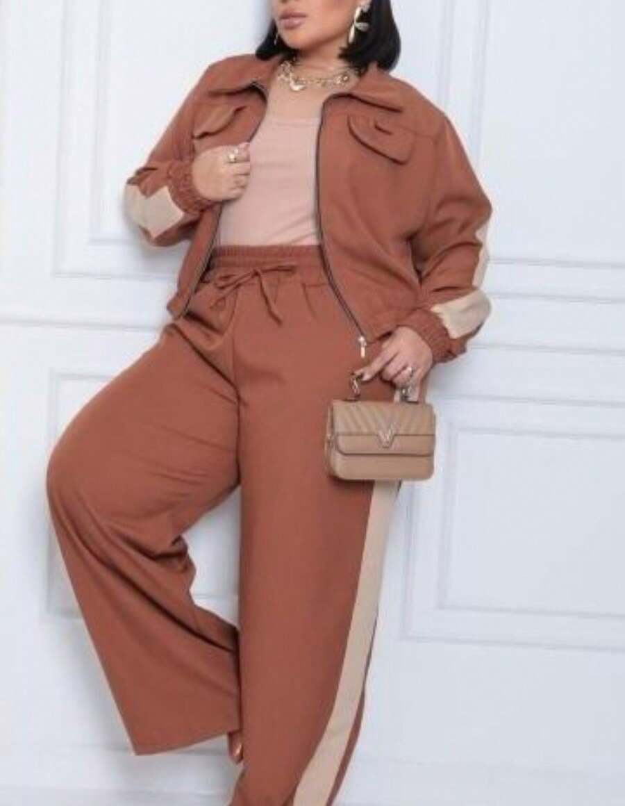 Plus Size Tailored Set With Tie-Front Fabric, Gathered Waist, Zipper, Women's Plus Size Evening, Holiday, Vacation, Daily Travel, Airport Wear, Autumn/Winter - 摩卡棕 - 查看 1