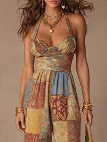 Vintage Patchwork Print Halter Jumpsuit, Bohemian Style Backless Wide Leg Pants, Vacation Atmosphere Outfit Summer - Multicolor - View 3