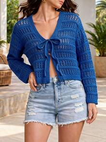 Royal Blue Long Sleeve Tie Front Cardigan Women's Crochet Knit Crop Top Mesh Sheer Summer Sweater Vacation Outfits Women Summer Clothes Squishy Soft Beach Cover Up Summer Tops For Women Sexy V Neck Open Front Shrug Lightweight Knitwear For Summer Outfits For Women Camping Essentials Aesthetic Fairycore Top For Holiday Outfits Dresses For Women Summer Pairing Breathable Outdoor Knit Shrug - 藍色*慵懶休閒 - 查看 6