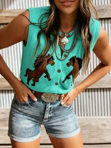 Versatile Women's Western Animal Print Color Block Horse Pattern Button Front Round Neck Sleeveless Knit Cardigan Vest, Everyday Wear Vacation - Mint Blue - View 3