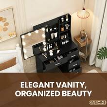Spring New Vanity Desk, HD Mirror Design, Multi-Drawer Large Storage, Detachable Assembly, With Paste-On LED Light, For Bedroom - Black - View 4