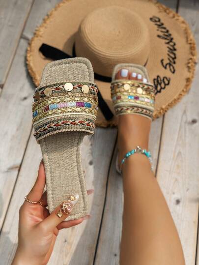 WRCVS 米色女士平底拖鞋，夏季多色流苏刺绣凉鞋，平底拖鞋，复古拖鞋，时尚性感链条装饰沙滩鞋