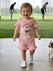 Baby Girl Golf Outfit New To The Club Golf Embroidery Ruffle Romper With Ruffle Hem Shorts Set Infant Soft Waffle Knit Summer Casual Clothes - Pink - View 4