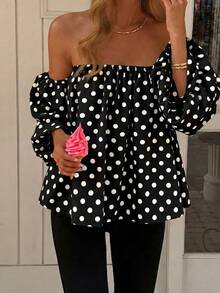 Off-Shoulder Short Sleeve Polka Dot Loose Casual Summer Beach Tops - Black - View 4