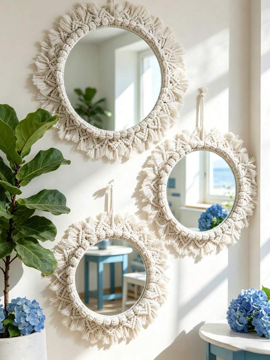 1/3pcs Round Tassel Fringe Mirror, Bohemian Sunrise Style Wall Decor, Decorative Hanging Mirror For Living Room Bedroom, Boho Minimalist Farmhouse Home Decor, Vintage Aesthetic, Suitable For Bohemian And Farmhouse Style Rooms, Suitable For Dorm, Entryway, Living Room Bedroom Wall Decor, Suitable For Cozy Farmhouse Or Natural Style Interior, Unique Home Wall Mirror Decor, Vintage And Modern Aesthetic Design