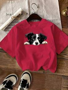 Mother's Day Border Collie Puppy Print Fashion Short-Sleeve, Casual Round-Neck T-Shirt, Women's Clothing - Black - View 8