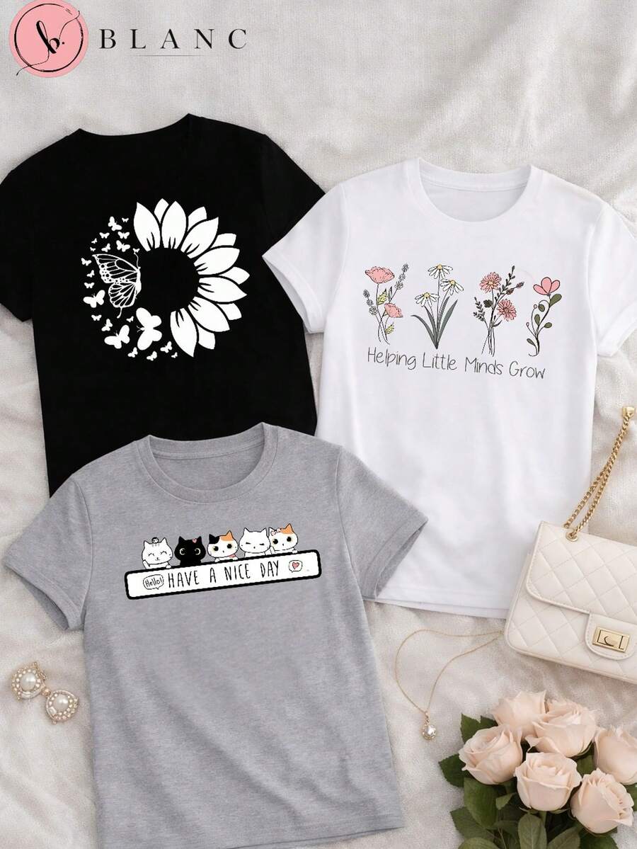 Set Of 3 Blouses With Kitten, Flower, Heart, And Animal Print - - 100% Cotton - Plus Size. - B/BLACK/WHITE/GRAY - View 1