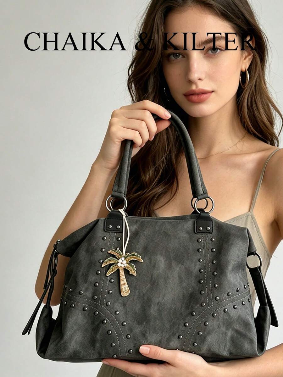 CHAIKA & KILTER 纯色PU布单肩包，女士复古休闲大容量手提包，大学生书包，铆钉装饰，双提手设计，拉链封口，适合日常购物
