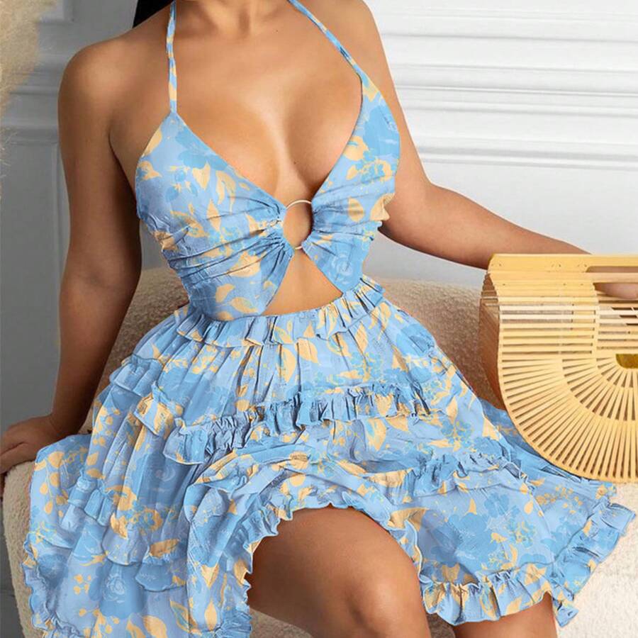 2026 Spring New Women's Clothing European And American Cross-Border Dress Sexy Hollow Out Halter Neck V-Neck Tiered Dress - 淺藍色 - 查看 1