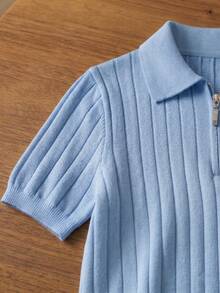 Suéter polo de manga corta con media cremallera, de punto de cable, unicolor, estilo universitario para niños, ligero, adecuado para uso diario escolar en verano y otoño - Azul - Ver 6