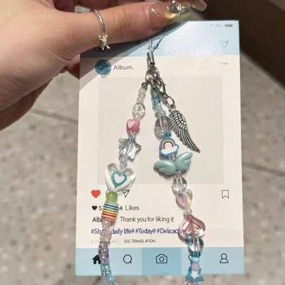 1pc Wings Heart Phone Charm, Mobile Phone Chain, Handmade Beads, Mobile Phone Hanger, Mobile Phone Hanger Cord, CDD Camera Anti-Detachment Chain, Travel Anti-Detachment Mobile Phone Chain, Bag Pendant, Keychain, Apple A IrPods Pro Bluetooth Earphone Case Hanger, Holiday Birthday Gift For Women