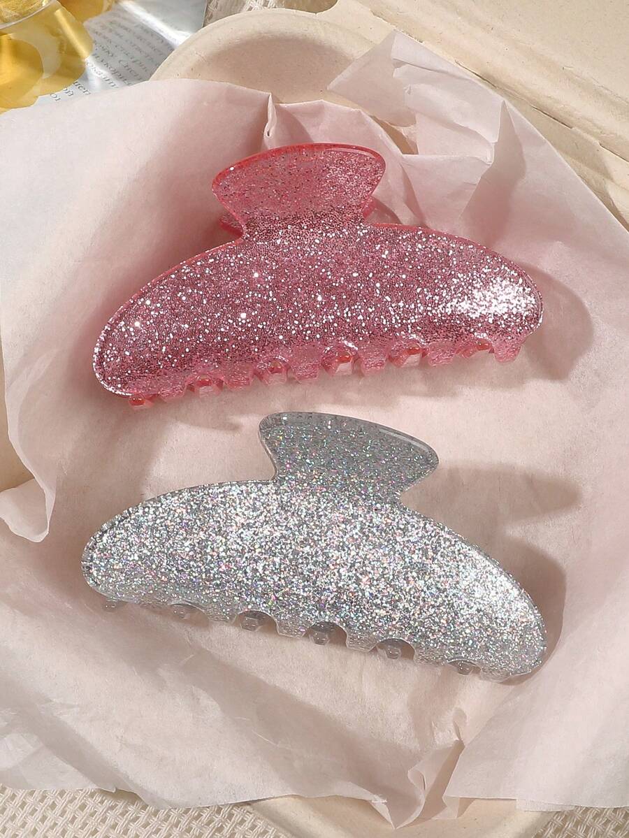 2个/套 白色和粉色亮片半圆形发爪夹,韩式甜美时尚风格,优雅浪漫的春日气息,适合旅行、野餐等夏季场合,可作发饰、发夹、沙滩发饰或发包 - 彩色 - 查看 1