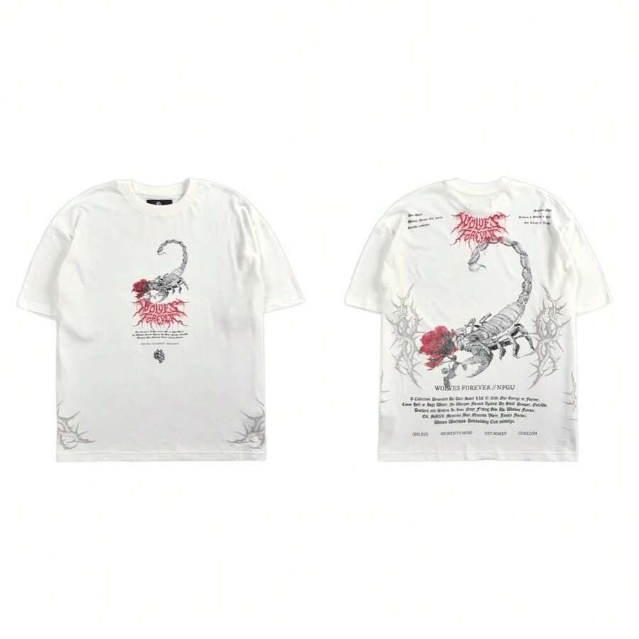 Darcsport T-Shirt With American-Style Scorpion Print, Short-Sleeved, Unisex, American-Style Sports Casual Loose-Fit Printed Cotton T-Shirt Top - T260111白色 - 查看 1