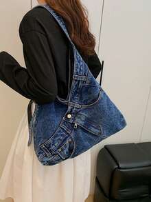 New Fashion Denim Shoulder Bag, Multi-Functional Commuter Large Capacity Women's Crossbody Bag, Casual Denim Tote Suitable For Commuting And Shopping, Perfect For Denim Girls - Dark Wash - View 5
