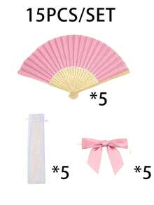 30/15/3件套木制手持折扇，配欧根纱袋和蝴蝶结，复古木制折扇，优雅中式木制折扇，适用于婚礼、新娘派对、生日和家居装饰，舞蹈和派对配饰，女士时尚礼物，婚礼派对回礼 - 粉紅色 - 查看 14