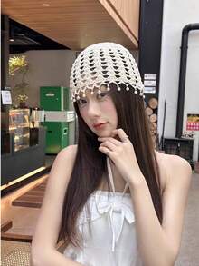 1件手工钩编波西米亚风发箍，镂空珍珠吊坠针织帽，女士款 - 彩色 - 查看 2
