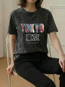 夏季新款 Z-Gen Y2K 女式上衣，Design Sense 迷彩东京印花圆领短袖 T 恤 - 黑色 - 查看 2