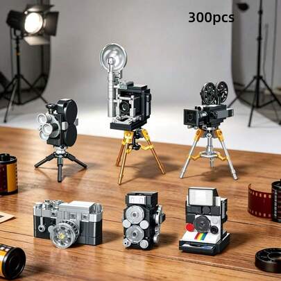 300 piezas de 6 tipos de juegos de bloques de construcción de cámaras vintage, modelos de bloques de construcción de cámaras vintage en miniatura, juguetes de ensamblaje de decoración de escritorio creativa, regalos de decoración creativa para entusiastas de la fotografía, adecuados para regalos de Navidad, Pascua y cumpleaños