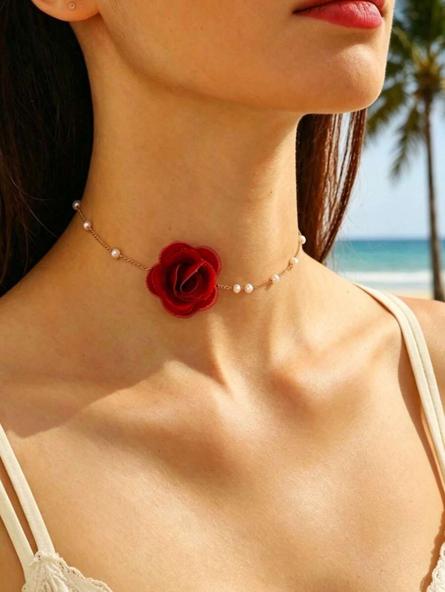1 chiếc vòng cổ hoa voan đỏ thanh lịch và thời trang với chuỗi ngọc trai, thích hợp cho phụ nữ vào các dịp lễ, sinh nhật, hẹn hò, khiêu vũ, tiệc tùng, đám cưới, kỳ nghỉ, đi chơi. - Đầy màu sắc - Xem 1