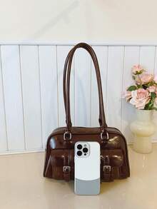 Faux Leather Solid Color Retro Multi-Pocket Large Capacity Women's Shoulder Bag, Comes With Accessory Charm (Accessory Charm May Vary Slightly By Batch) - Coffee Brown - View 5