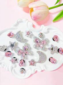 18pcs/Set Silver & Pink Bow, Rhinestone, Star, Moon Shoe Decorations, Suitable For Women Shoes, Sandals, Slippers DIY, Excellent Gift Choice - Silver Pink - View 2