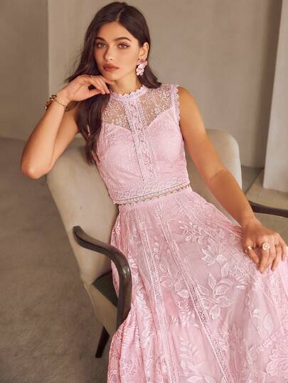 Simplee Women's Summer New Elegant Lace Sleeveless Cropped Top And Flared Skirt Set, Stand Collar Lace Patchwork Design, Suitable For Wedding Guest, Garden Party, Graduation, Birthday Party, Vacation Pink