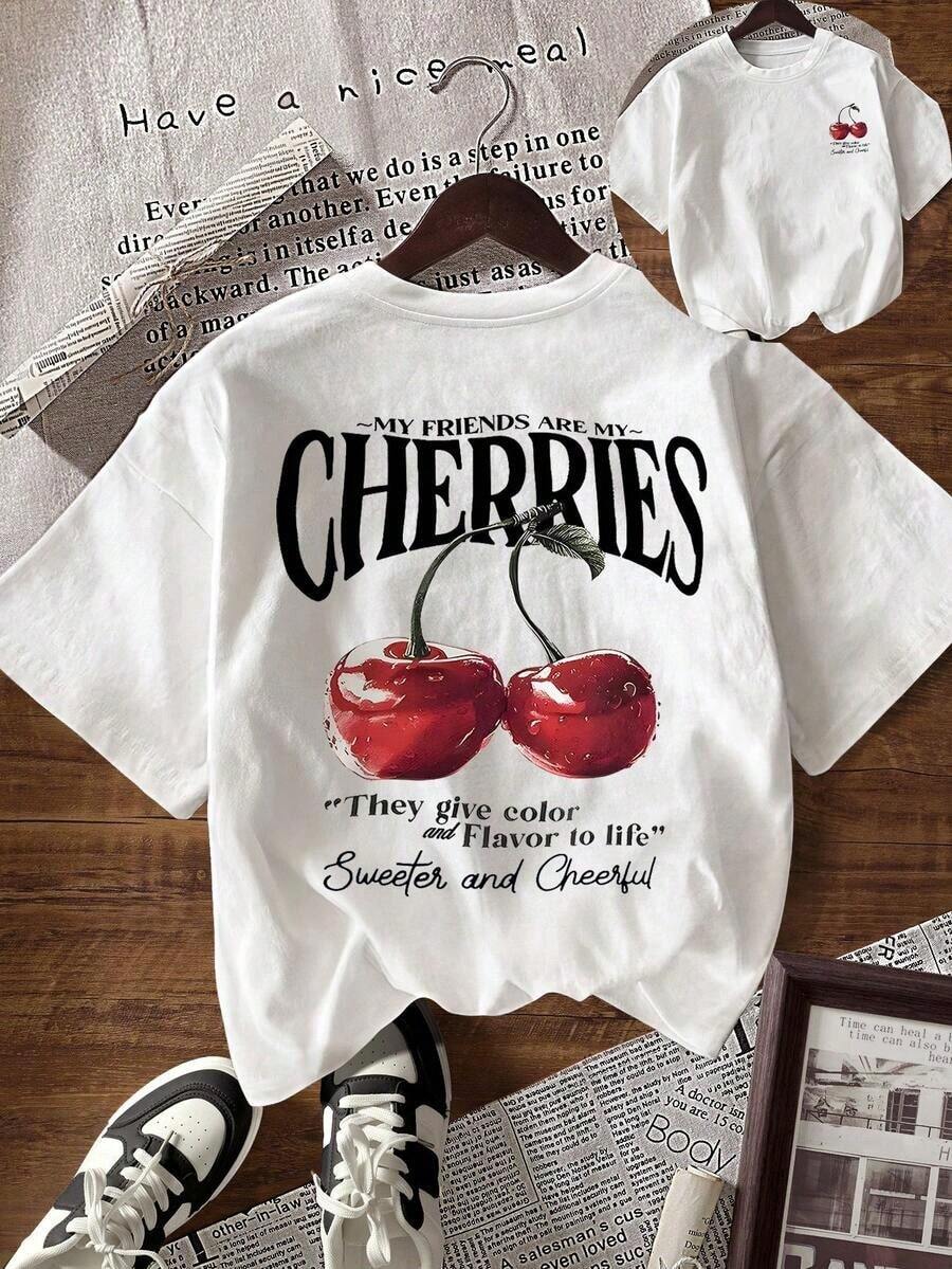 Women's Casual Cherry Slogan Pattern Round Neck Short Sleeve T-Shirt, Summer Outfit For Women - Weiss 3 - View 1