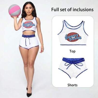 Rabbit Squad Cosplay Outfit, Women's Square Neck Cropped Top With Drawstring Shorts Set, Non-Stretch Fabric