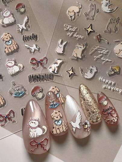 MAOMIA Cute Cat & Dog Series Full Nail Stickers, Cartoon Pattern, Waterproof Long-Lasting Removable Nail Art Decals