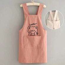 1pc Cute Bear Printed Apron, Baking Chef Uniform, Suitable For Home And Catering Use, Oil Resistant And Durable, Soft And Breathable Woven Fabric, Front Pocket For Phone Storage, Soft And Breathable Kitchen Jacket, Fit For Housework And Work, Solid Color, Unisex - Pink - 查看 1