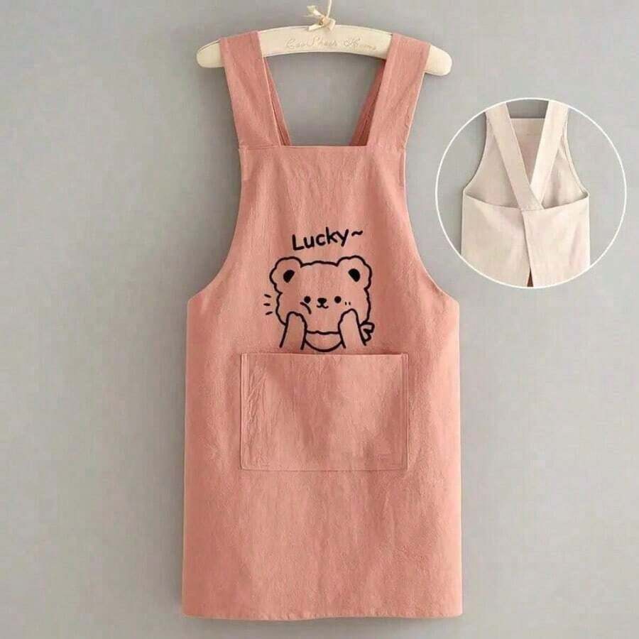 1pc Cute Bear Printed Apron, Baking Chef Uniform, Suitable For Home And Catering Use, Oil Resistant And Durable, Soft And Breathable Woven Fabric, Front Pocket For Phone Storage, Soft And Breathable Kitchen Jacket, Fit For Housework And Work, Solid Color, Unisex - Pink - 查看 1