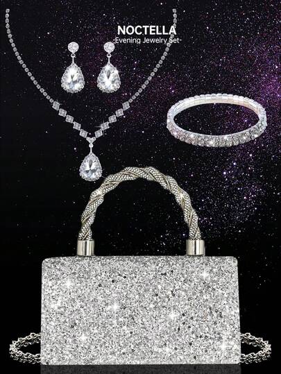 Noctella Shiny And Exquisite Rhinestone Decorated Evening Bag, Charming And Elegant Ladies' Party Bag, Fashionable Wedding Bridal Handbag, Paired With Set Of 3 Sparkling Rhinestone Jewellery, Including A Pendant Necklace, Bracelet, And Earrings, Perfect For Parties, Weddings, Proms, Dinners/Banquets, And An Ideal Gift For Women.