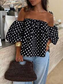 Off-Shoulder Short Sleeve Polka Dot Loose Casual Summer Beach Tops - Black - View 8