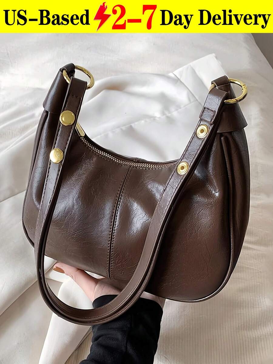 Women's Crescent Shoulder Bag, Made Of Solid Color Waterproof PU Fabric, Quilted Design, Minimalist Large Capacity Casual Travel Bag, Suitable For Travel, Shopping, Commuting And Work - Cà phê - Xem 1