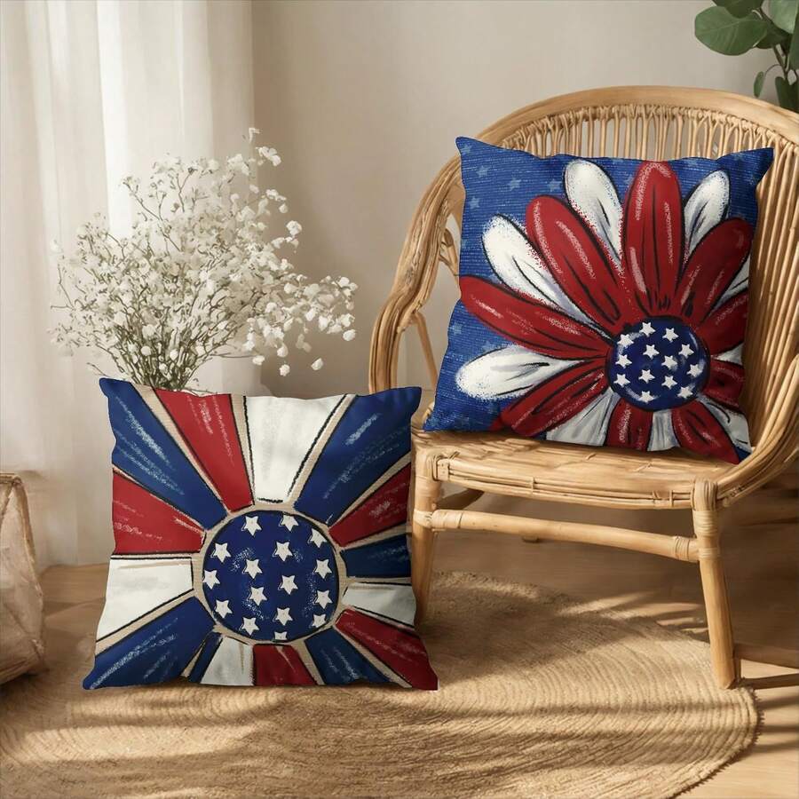 2 pièces Housse de coussin à imprimé floral patriotique, housse de coussin décorative avec drapeau américain et fleurs, convient pour la décoration de la maison le Jour de l'Indépendance, imprimé sur un seul côté, insert de coussin non inclus - Multicolore - Voir 1