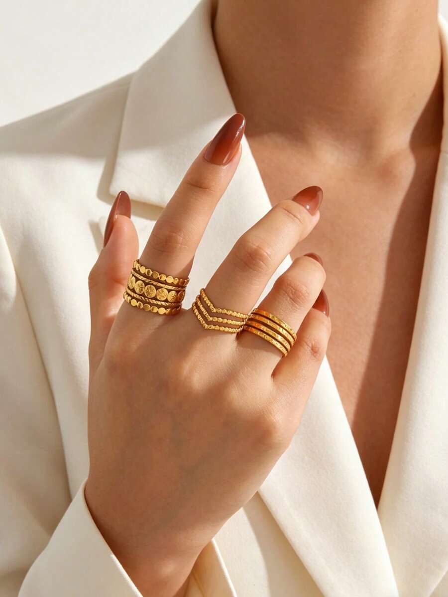 3 Stücke 18K vergoldeter Edelstahl eleganter geometrischer Perlen & Linien V-förmiger verstellbarer Ringset, geeignet für Damen Alltag, Festivals, Partys, Dates, Geschenke, hochwertiger Vintage Ringset - Gold - Übersicht 1