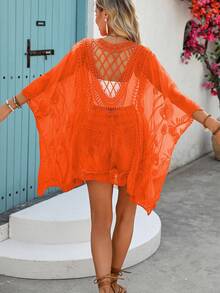 1pc Patchwork Diamond Striped Bohemian Casual Sexy Elegant Knit Fabric Beach Kimono Cover Up, Suitable For Beach, Vacation, Country Music Festival, Daily Wear, Spring/Summer - Orange - View 2