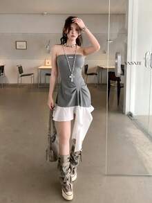 Mini Dress, Gal Style, Summer, Strapless, Asymmetrical, Two-Tone, Date, Women - Grey - View 4