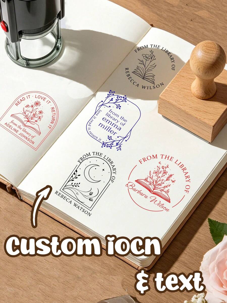 Custom Library Book Stamp Self Inking,Personalized From The Library Of Name Stamp With Vintage Floral Minimalist Style, Customized Text Book Lover Mark For Reading Journal Office Desk Scene, Personalized Stamp,2 Stamp Designs,Customizable Unique Gift - Style F - View 1