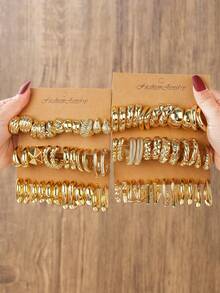 6-36对几何金色耳环套装，适合家人、朋友、日常佩戴、礼品 - 金黃色 - 查看 13