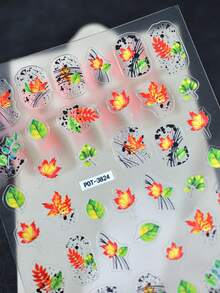 1pc Water-Based Ink Leaf Nail Stickers, Self-Adhesive One-Time Use Embossed Nail Art Decor, Ins Style Personalized Manicure, Suitable For Daily Commute, Vivid Pattern, Long-Lasting And Won't Peel Off - Multicolor - View 4