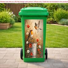 1pc 2D Flat Self-Adhesive Trash Can Sticker Vintage Bird Flower Trash Bin Sticker, Rustic Garden Decal, Cottagecore Garbage Can Decor, Waterproof 2D Sticker, PVC Material, Easy To Peel And Stick, Flat Art Sticker, Kitchen Storage - A - View 2