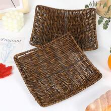 Woven Rattan Style Storage Basket, Square Handmade Wicker Tray, Outdoor Picnic Snack Bread Fruit Storage Basket - Multicolor - View 12