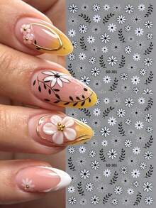 Frühling/Sommer Gänseblümchen gepresste Blumen Nagelaufkleber, französische Blumen Nagelkunst Dekoration, schwarz-weiße Blütenblätter selbstklebende Dekorationen, geeignet für elegantes Nageldesign - Verschiedenfarbig - Übersicht 1