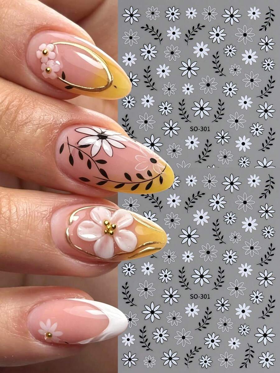 Frühling/Sommer Gänseblümchen gepresste Blumen Nagelaufkleber, französische Blumen Nagelkunst Dekoration, schwarz-weiße Blütenblätter selbstklebende Dekorationen, geeignet für elegantes Nageldesign - Verschiedenfarbig - Übersicht 1