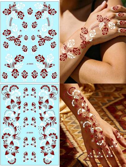 2pcs Vintage Brown & White Minimalist Floral Temporary Tattoo Stickers, Waterproof Long-Lasting, Symmetrical Delicate Floral Pattern, Gentle Artistic Vibe, Unisex Tattoo Decor For Collarbone, Hands